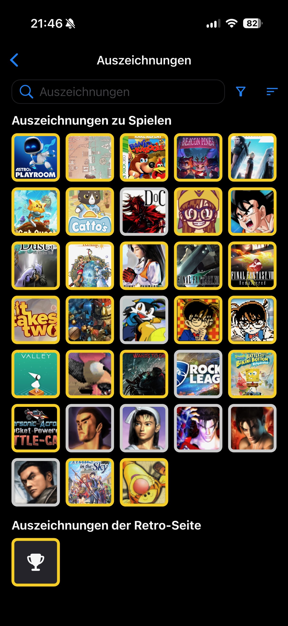 Awards screen listing every mastered and beaten game