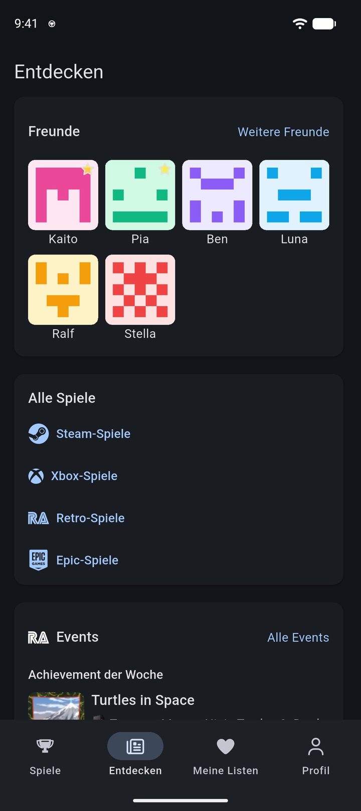 Seite Entdecken mit Freunden, den Spielekatalogen und den Events von RetroAchievements