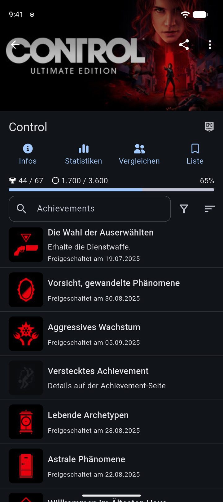 Spielseite zu Control von Epic Games mit Fortschritt, XP und der Liste der Achievements