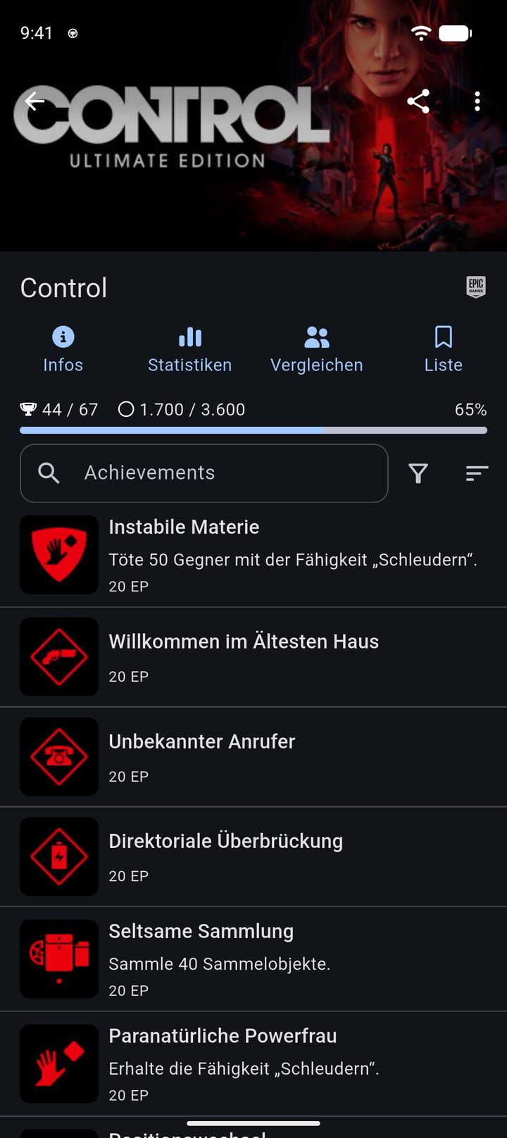 Spielseite zu Control mit XP-Fortschritt und den Achievements nach XP sortiert