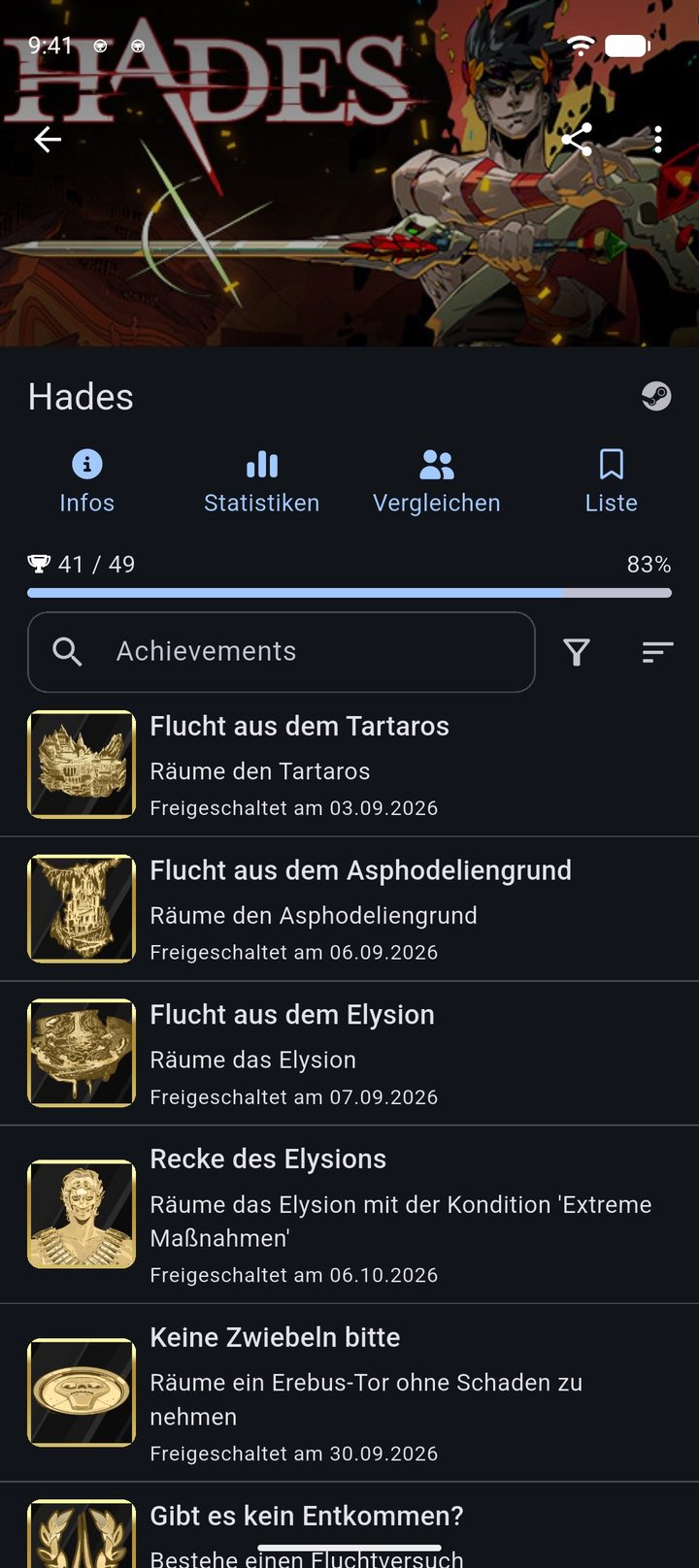 Spielseite zu Hades mit Fortschritt, den Reitern Infos, Statistiken und Vergleichen und der Liste der Achievements