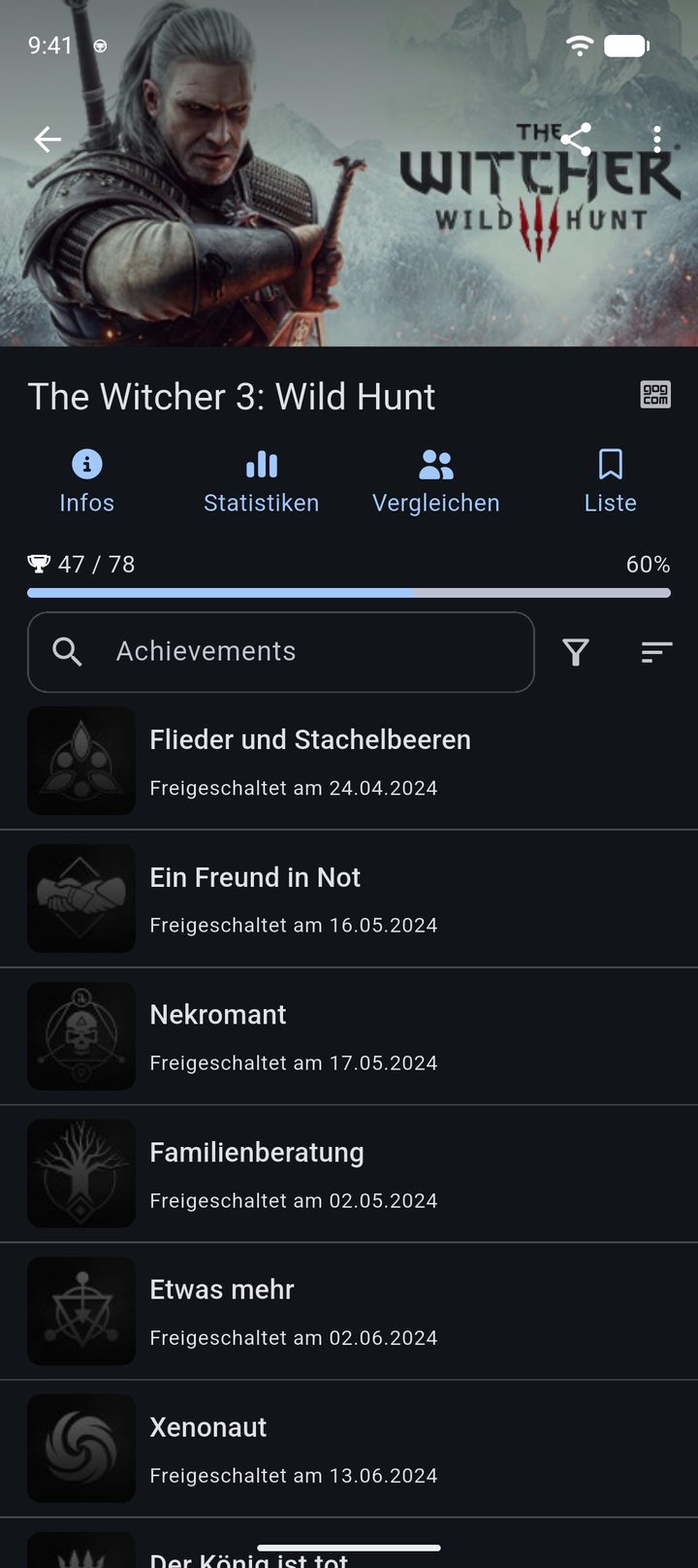 Spielseite zu The Witcher 3: Wild Hunt von GOG mit Fortschritt und der Liste der Achievements