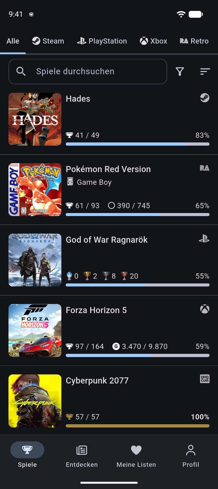 Spielesammlung mit dem Achievement-Fortschritt für jedes Spiel