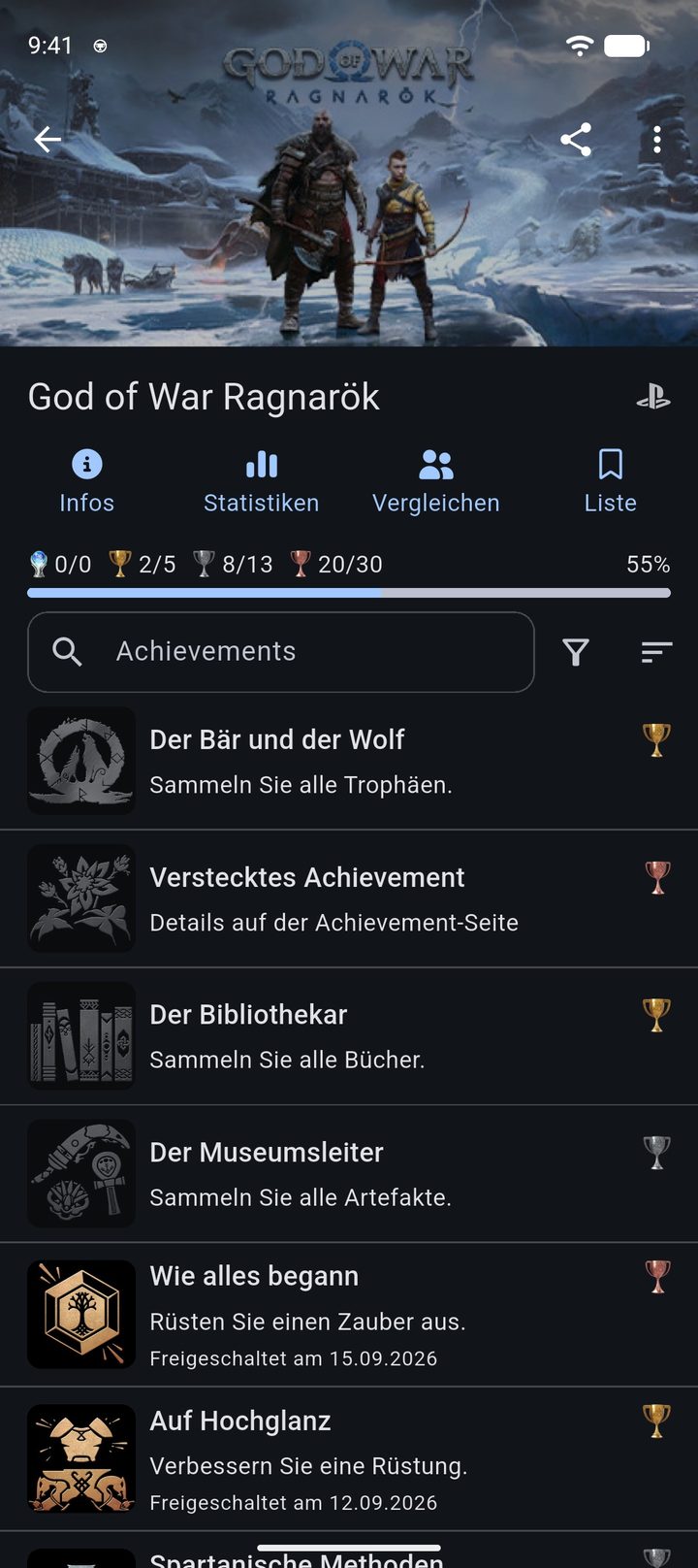 Spielseite zu God of War Ragnarök mit Platin-, Gold-, Silber- und Bronze-Trophäen