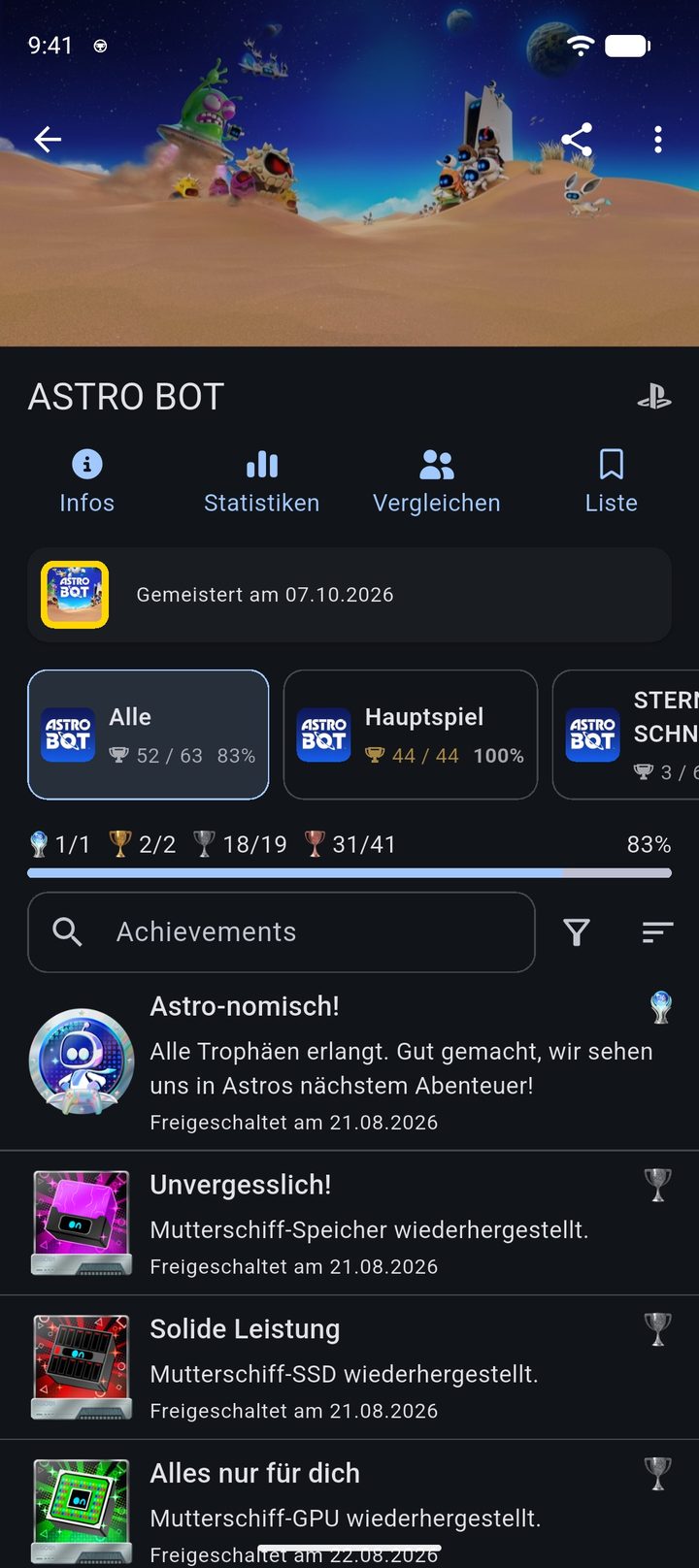 Astro Bot mit den Trophäengruppen Alle, Hauptspiel und Sternen-Schnellstraße und der Trophäenliste