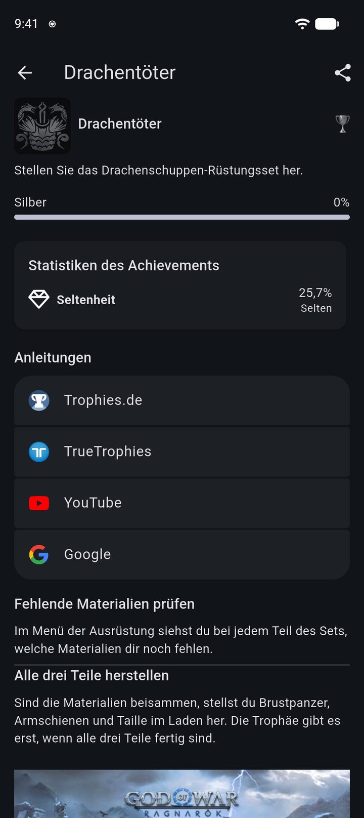 Trophäe Drachentöter aus God of War Ragnarök mit Seltenheit und zwei offiziellen Tipps