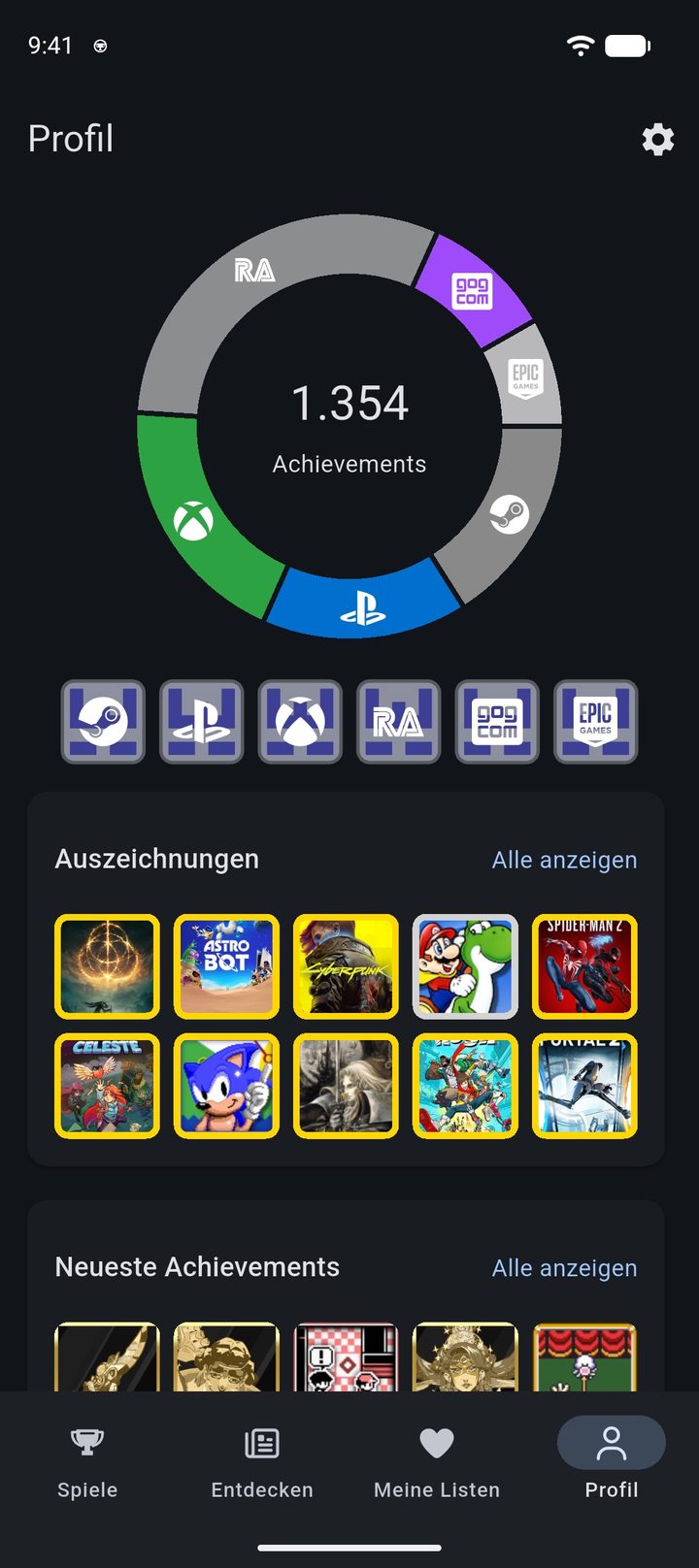 Profilansicht mit der Gesamtzahl aller Achievements über alle verbundenen Plattformen hinweg