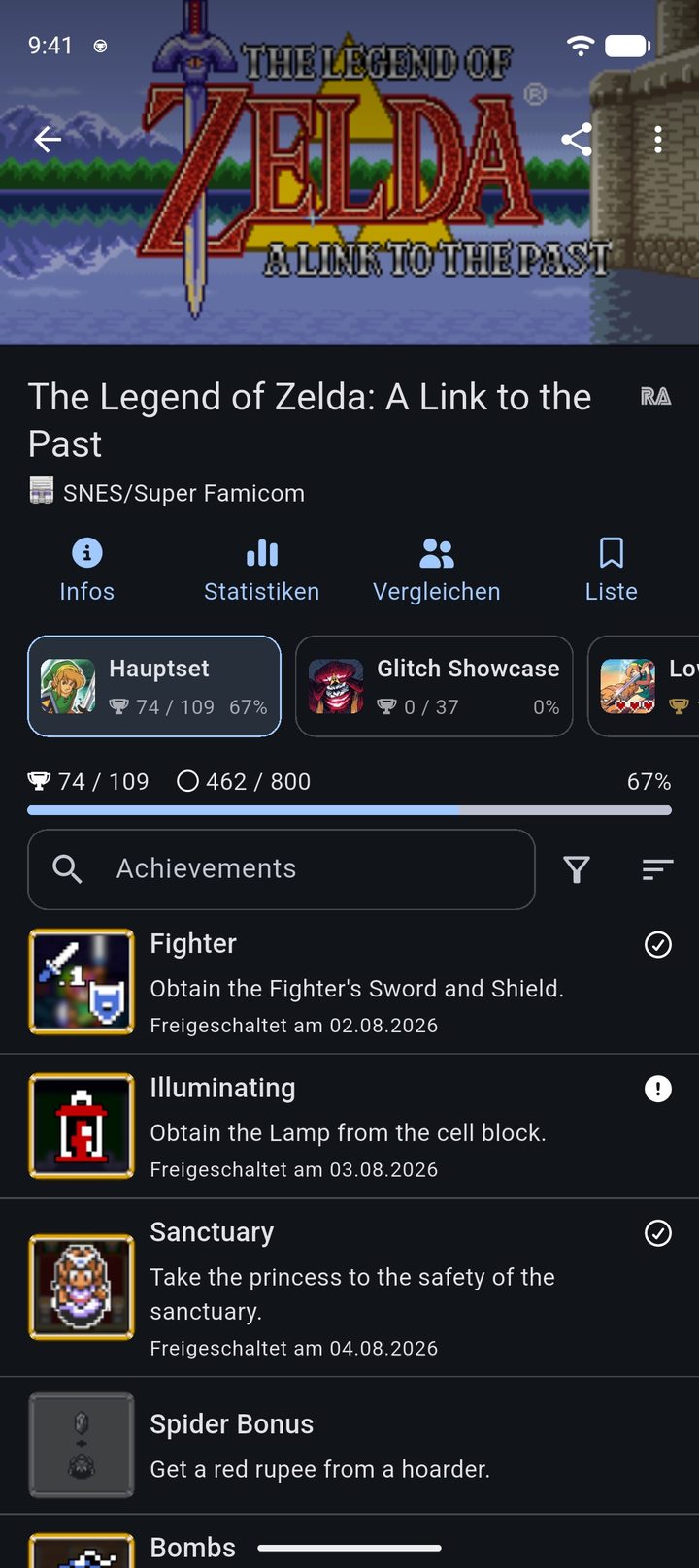 RetroAchievements-Spiel The Legend of Zelda: A Link to the Past mit Hauptset, Subsets und Fortschritt in Hardcore und Softcore