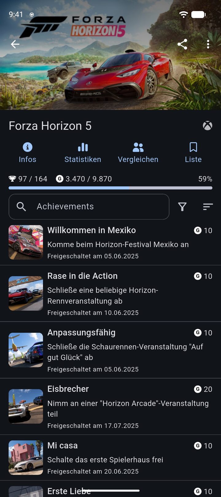 Spielseite zu Forza Horizon 5 mit Gamerscore und der Liste der Erfolge