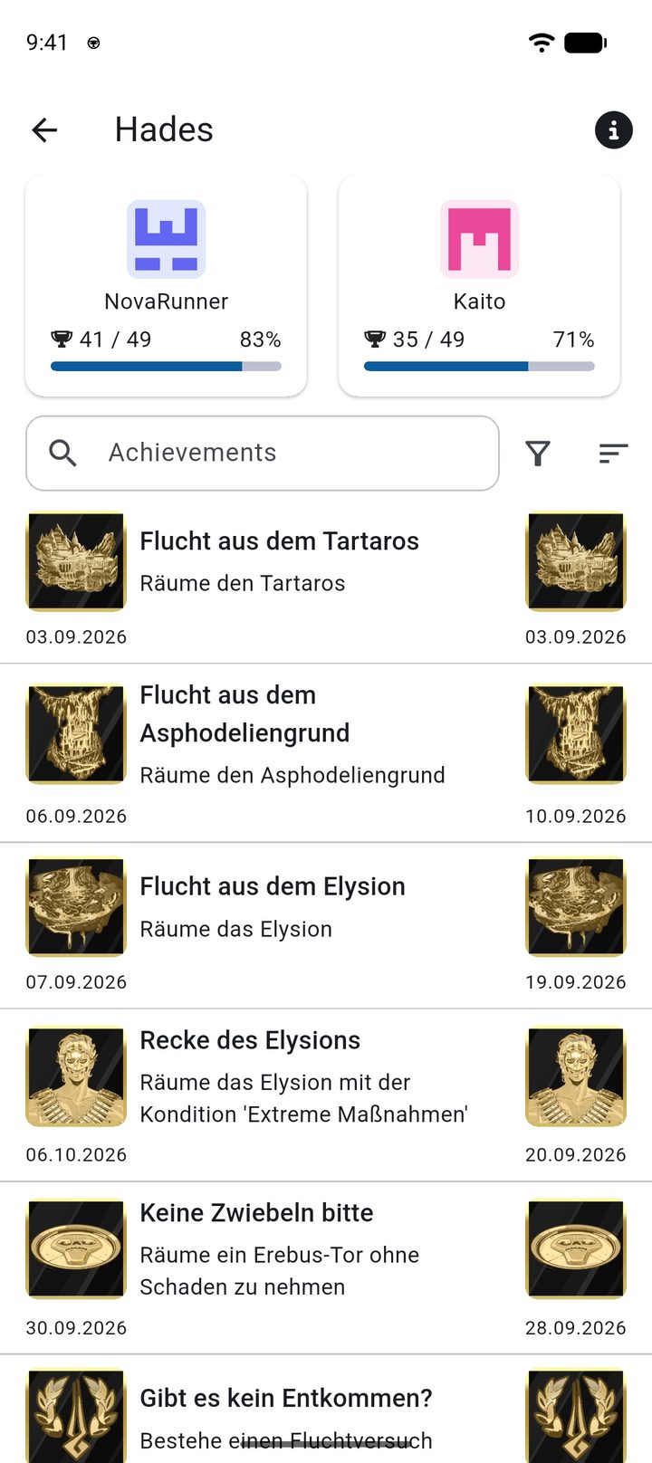 Hades im Vergleich mit einem Freund: Fortschritt nebeneinander und Datum jeder Freischaltung