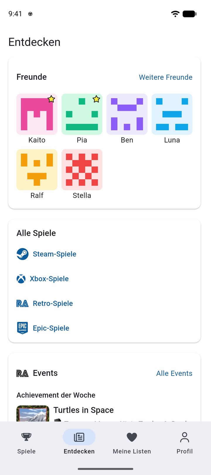 Seite Entdecken mit Freunden, den Spielekatalogen und den Events von RetroAchievements