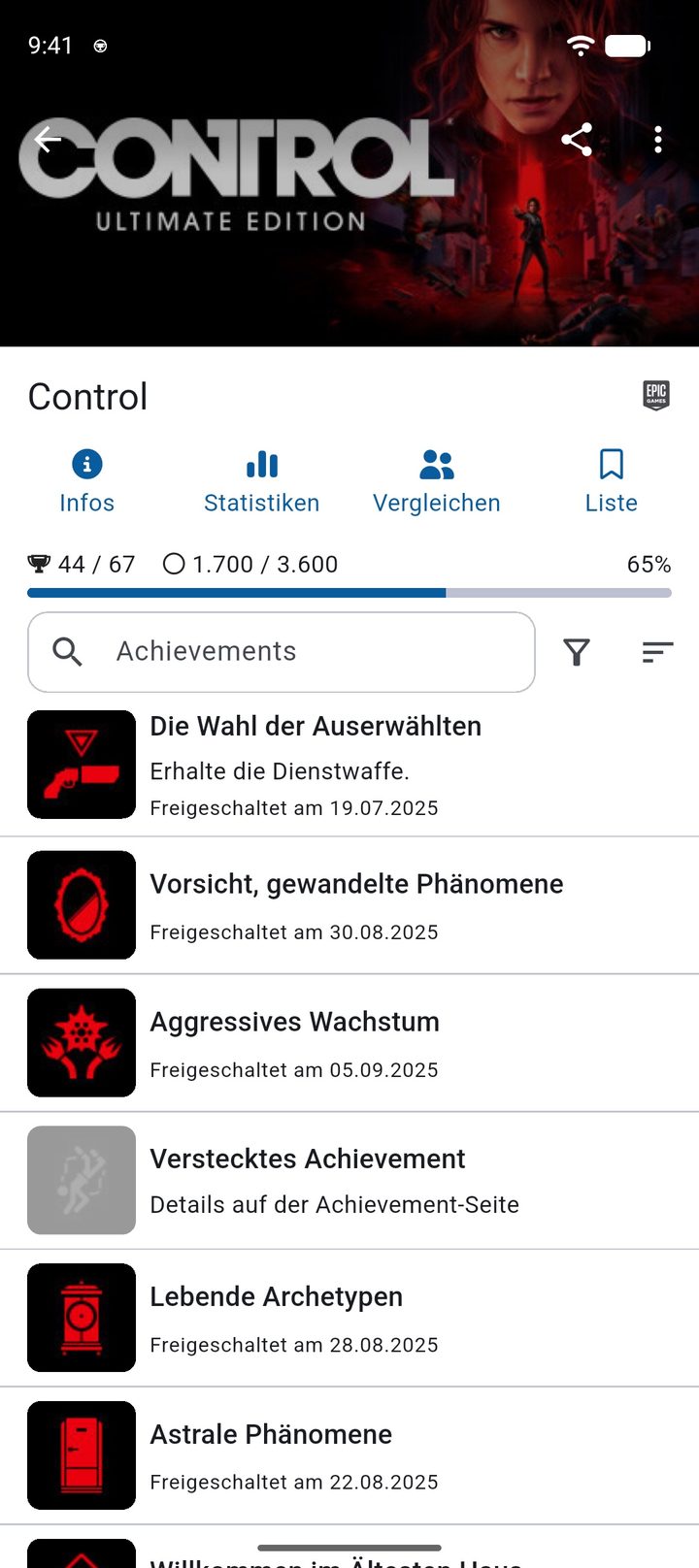 Spielseite zu Control von Epic Games mit Fortschritt, XP und der Liste der Achievements