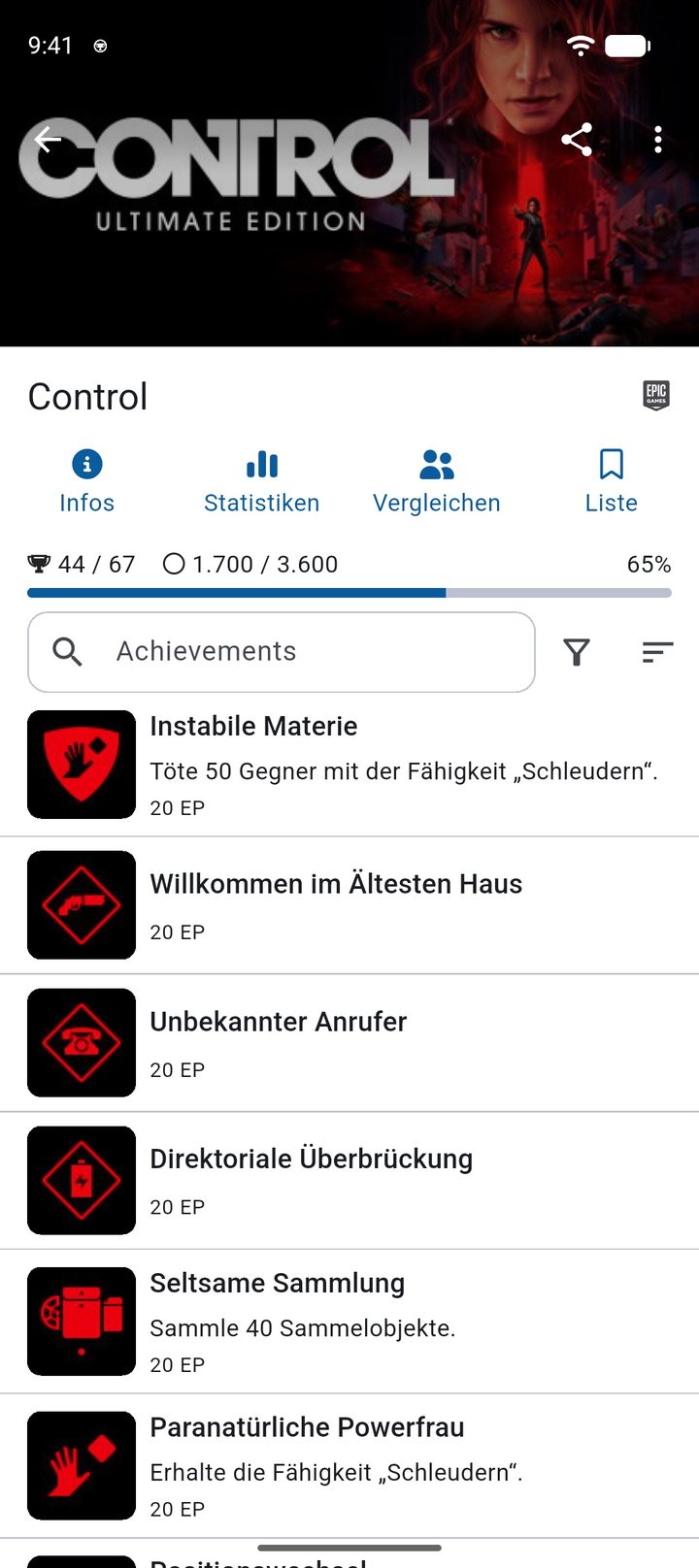 Spielseite zu Control mit XP-Fortschritt und den Achievements nach XP sortiert