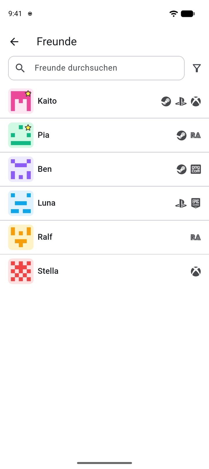 Freundesliste mit den Plattformen, auf denen die Freunde spielen