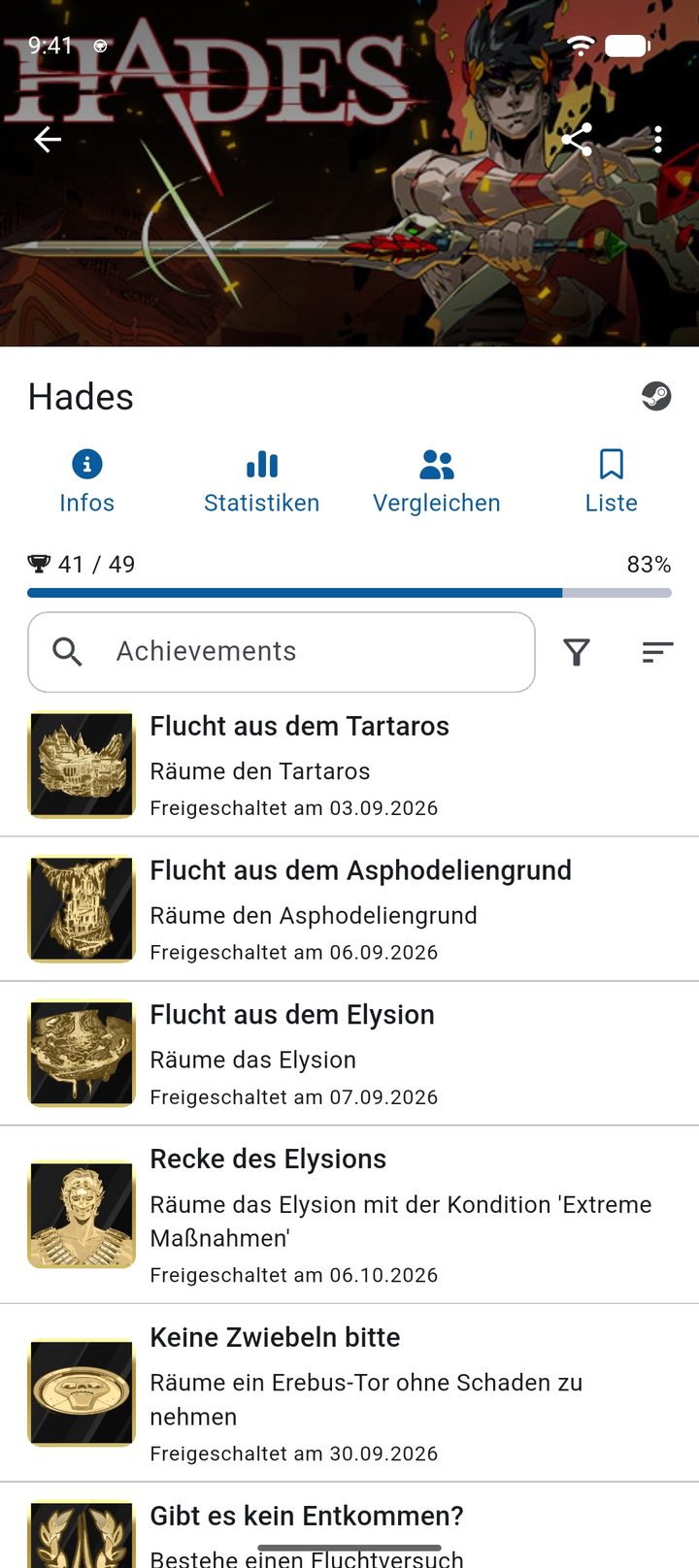 Spielseite zu Hades mit Fortschritt, den Reitern Infos, Statistiken und Vergleichen und der Liste der Achievements