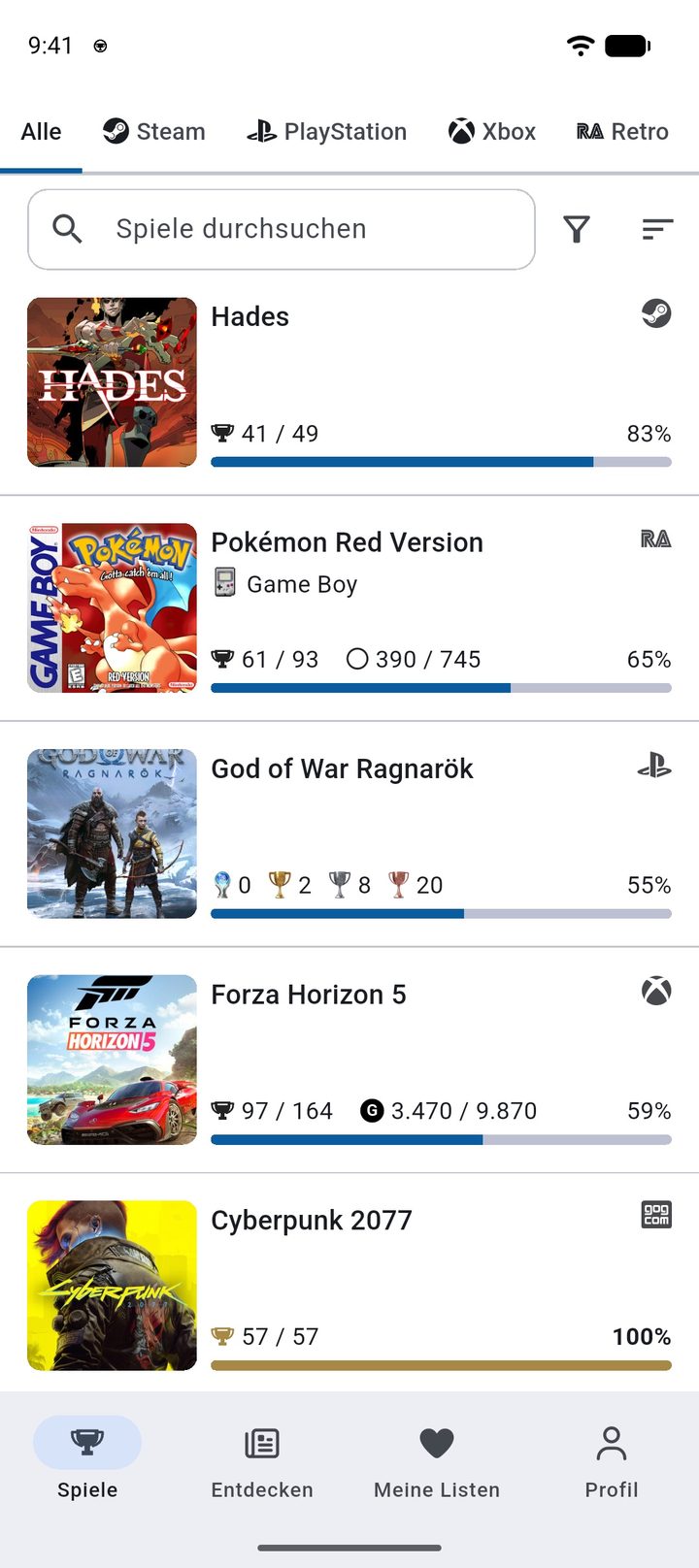 Spielesammlung mit dem Achievement-Fortschritt für jedes Spiel
