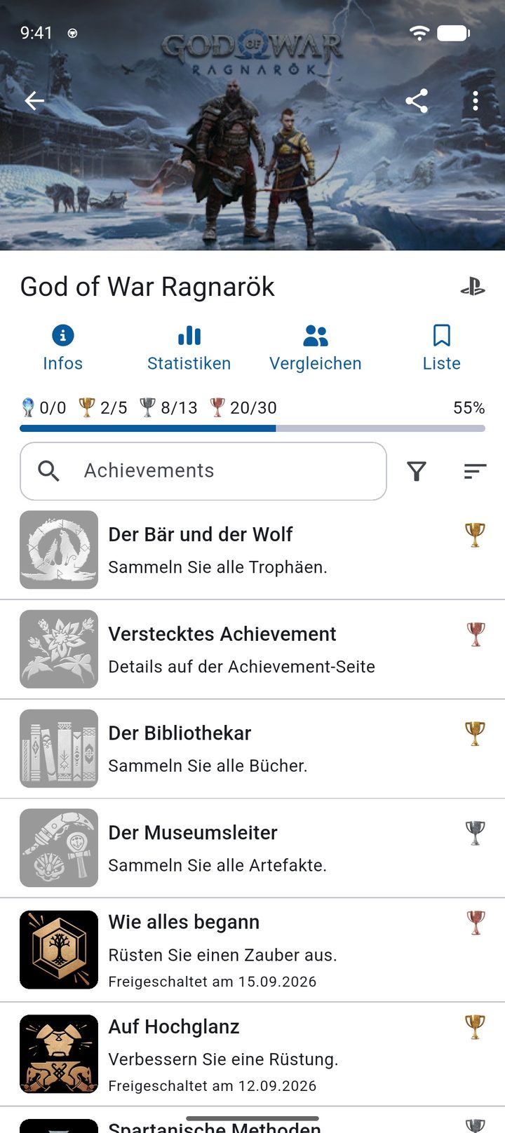 Spielseite zu God of War Ragnarök mit Platin-, Gold-, Silber- und Bronze-Trophäen
