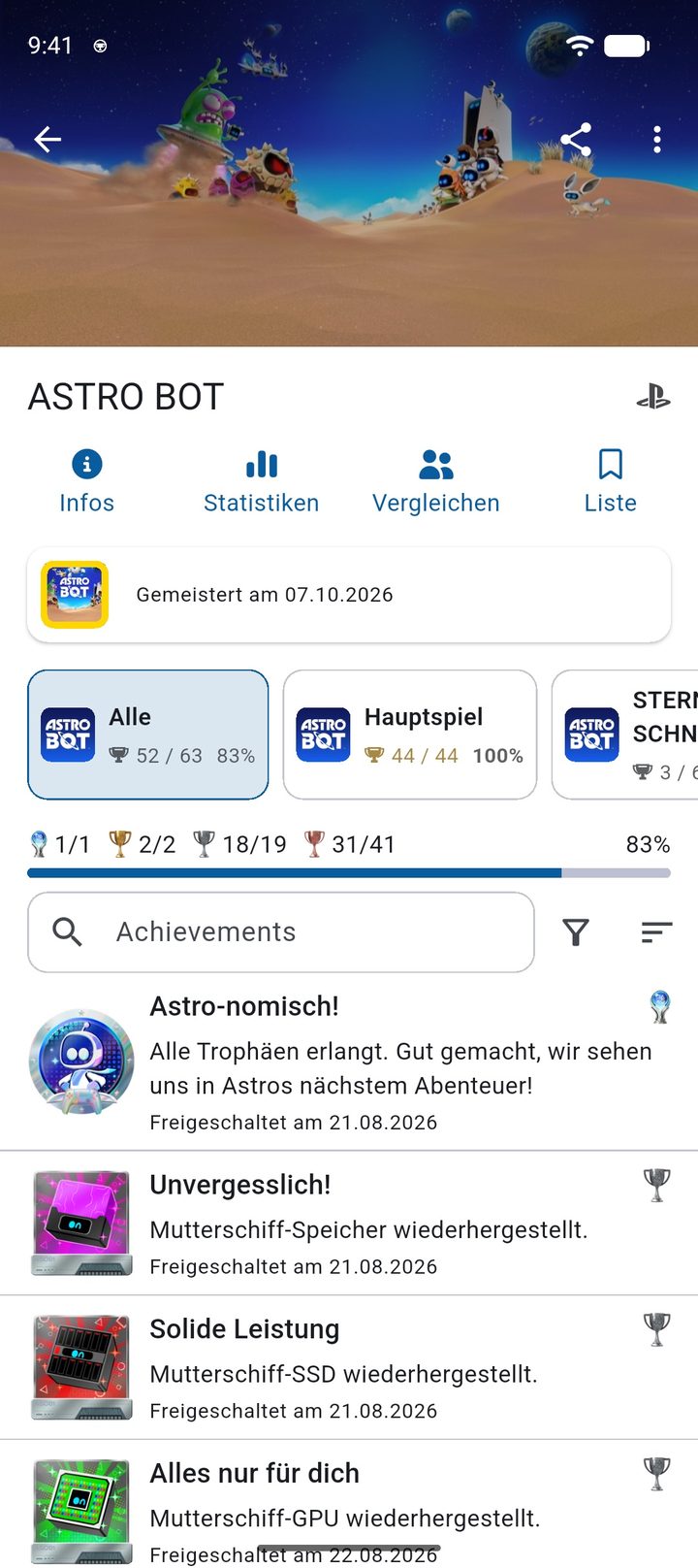 Astro Bot mit den Trophäengruppen Alle, Hauptspiel und Sternen-Schnellstraße und der Trophäenliste