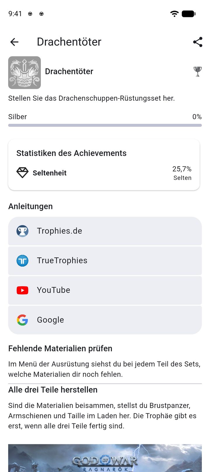 Trophäe Drachentöter aus God of War Ragnarök mit Seltenheit und zwei offiziellen Tipps