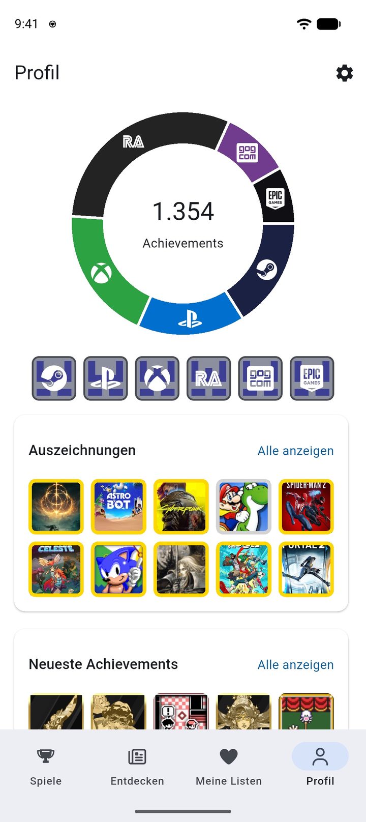 Profilansicht mit der Gesamtzahl aller Achievements über alle verbundenen Plattformen hinweg
