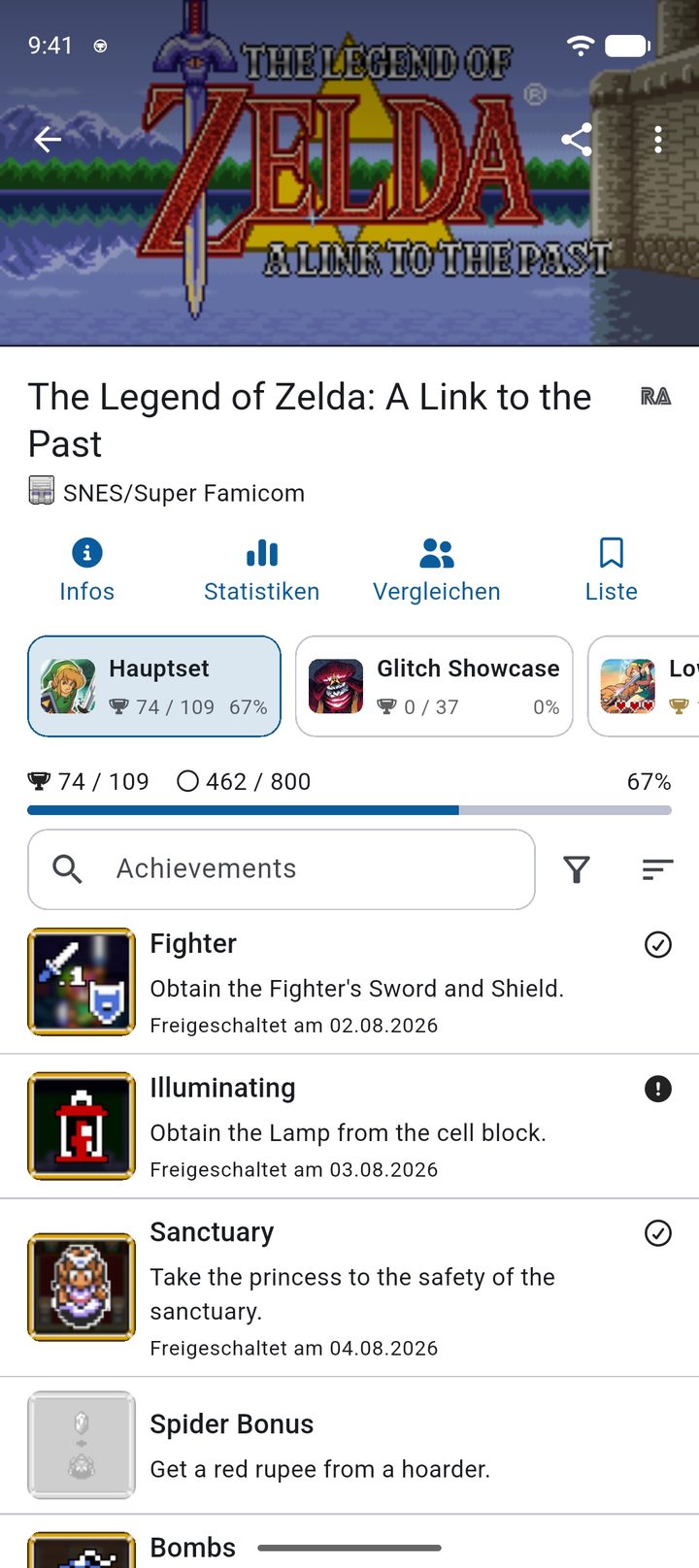 RetroAchievements-Spiel The Legend of Zelda: A Link to the Past mit Hauptset, Subsets und Fortschritt in Hardcore und Softcore