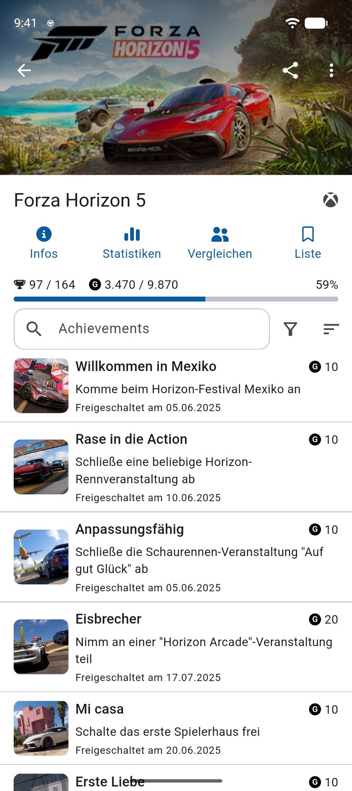Spielseite zu Forza Horizon 5 mit Gamerscore und der Liste der Erfolge
