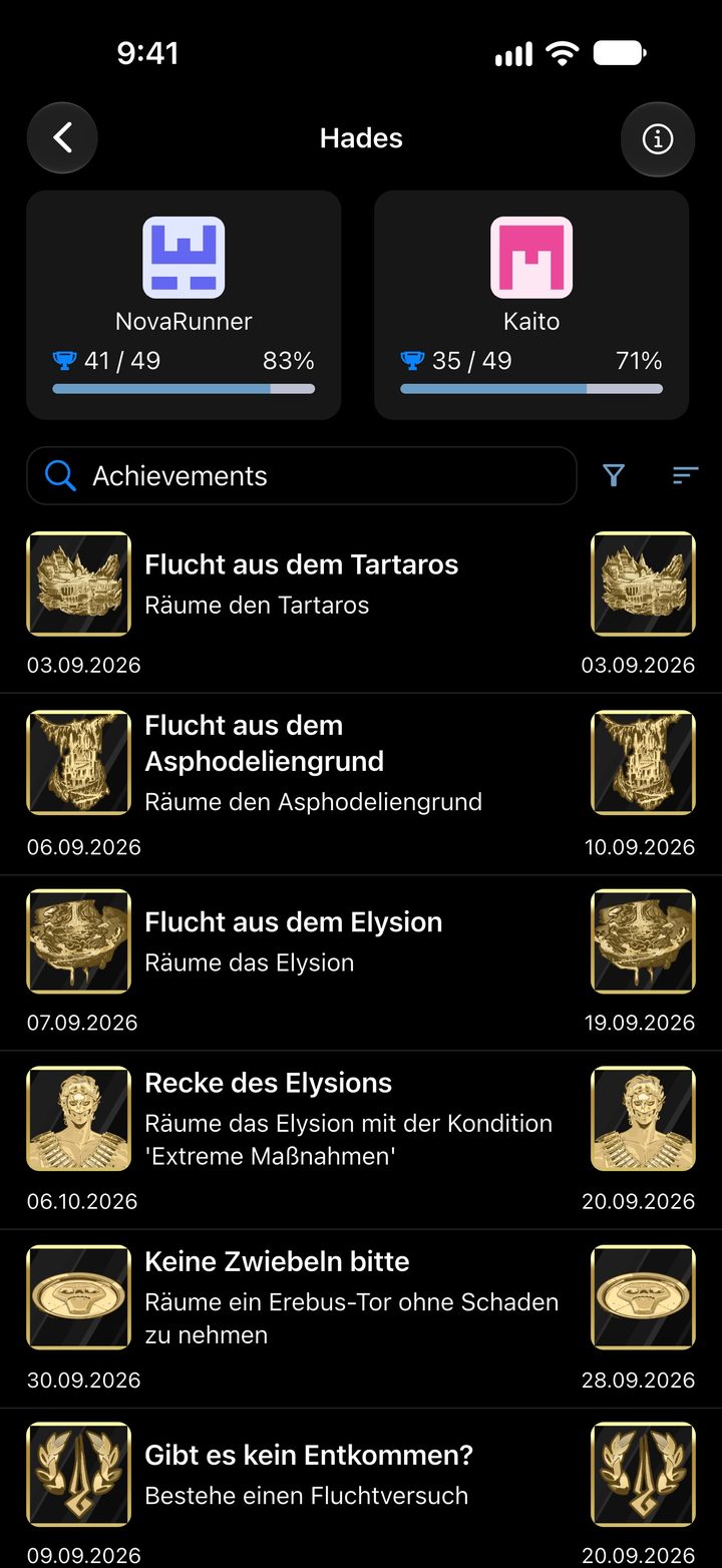 Hades im Vergleich mit einem Freund: Fortschritt nebeneinander und Datum jeder Freischaltung