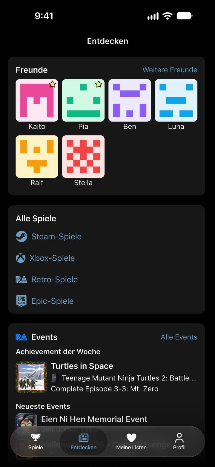 Seite Entdecken mit Freunden, den Spielekatalogen und den Events von RetroAchievements