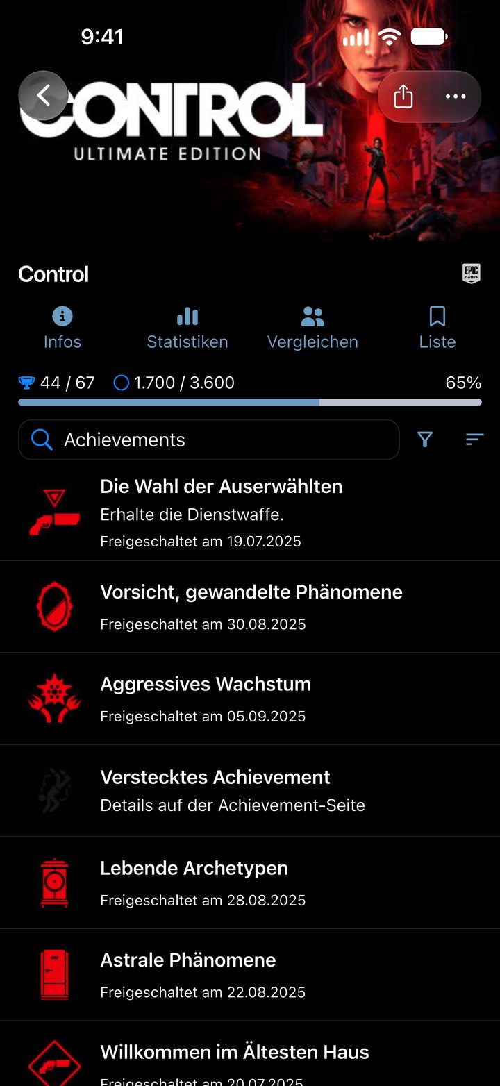 Spielseite zu Control von Epic Games mit Fortschritt, XP und der Liste der Achievements