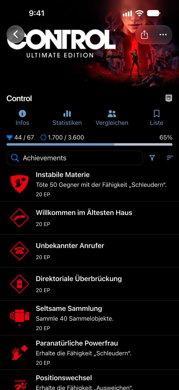 Spielseite zu Control mit XP-Fortschritt und den Achievements nach XP sortiert