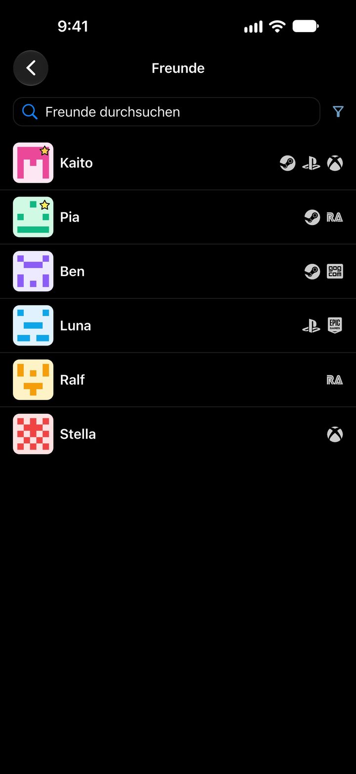 Freundesliste mit den Plattformen, auf denen die Freunde spielen
