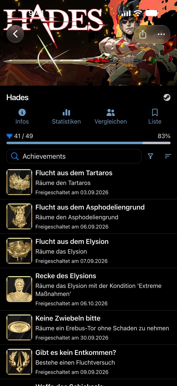 Spielseite zu Hades mit Fortschritt, den Reitern Infos, Statistiken und Vergleichen und der Liste der Achievements