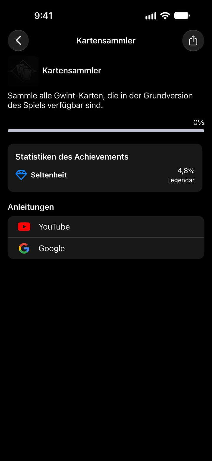 Achievement Kartensammler aus The Witcher 3 mit 4,8 % und der GOG-Stufe Legendär