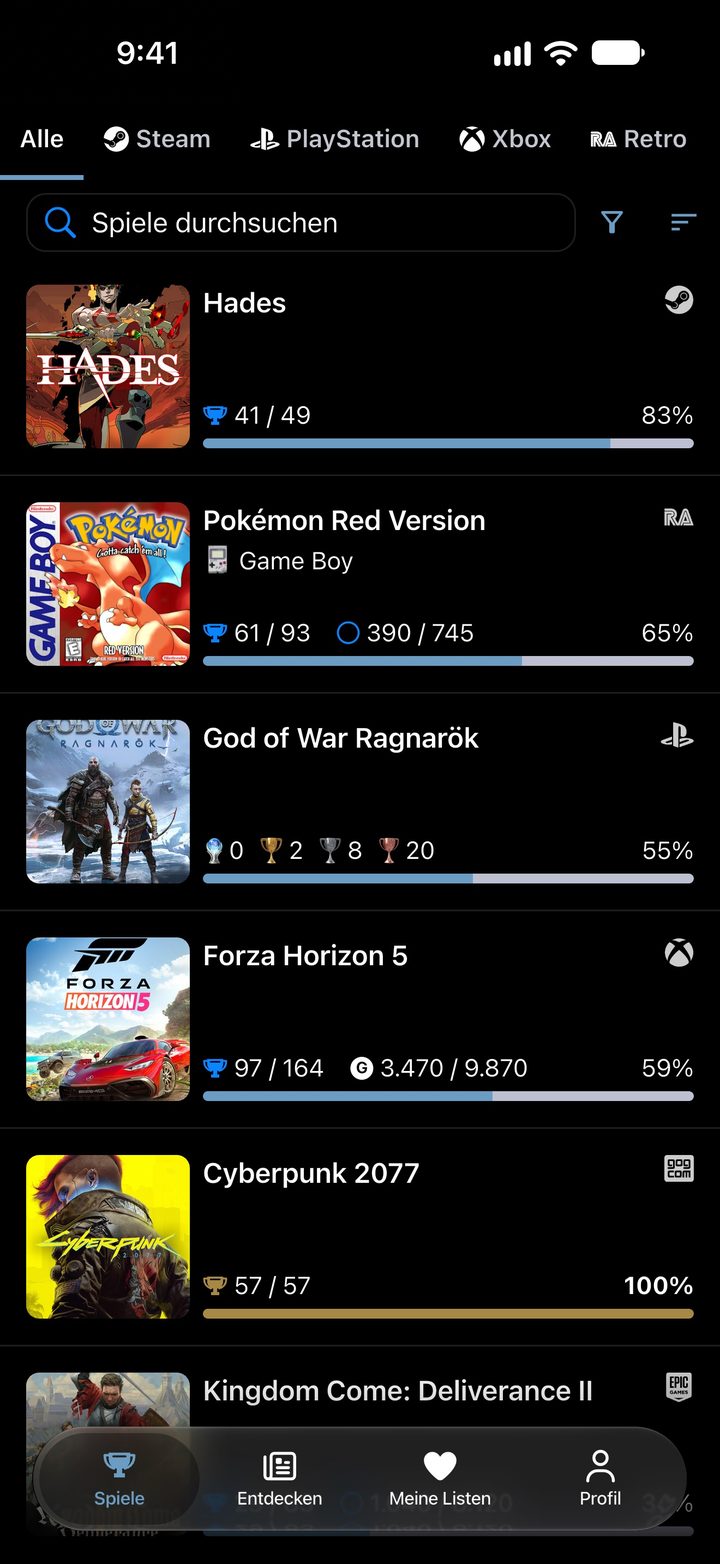 Spielesammlung mit dem Achievement-Fortschritt für jedes Spiel