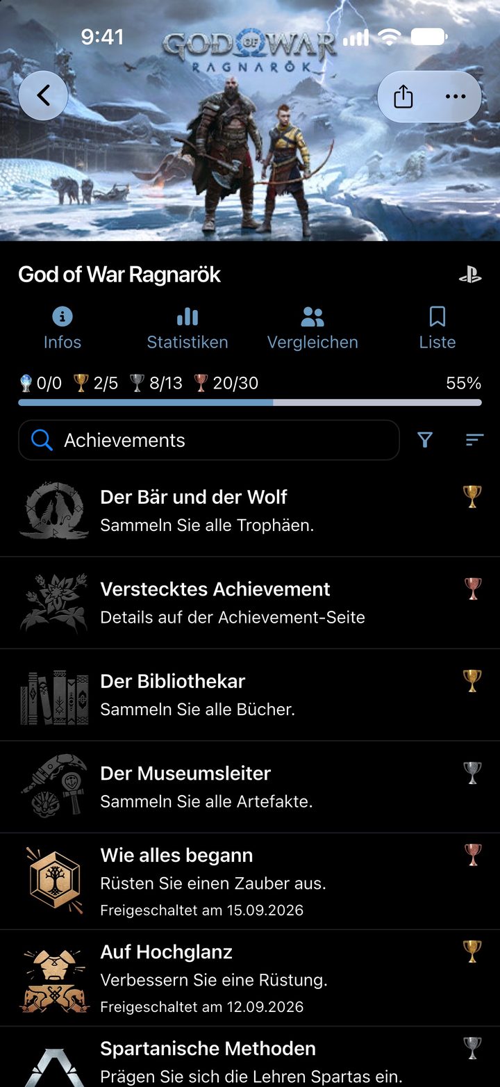Spielseite zu God of War Ragnarök mit Platin-, Gold-, Silber- und Bronze-Trophäen