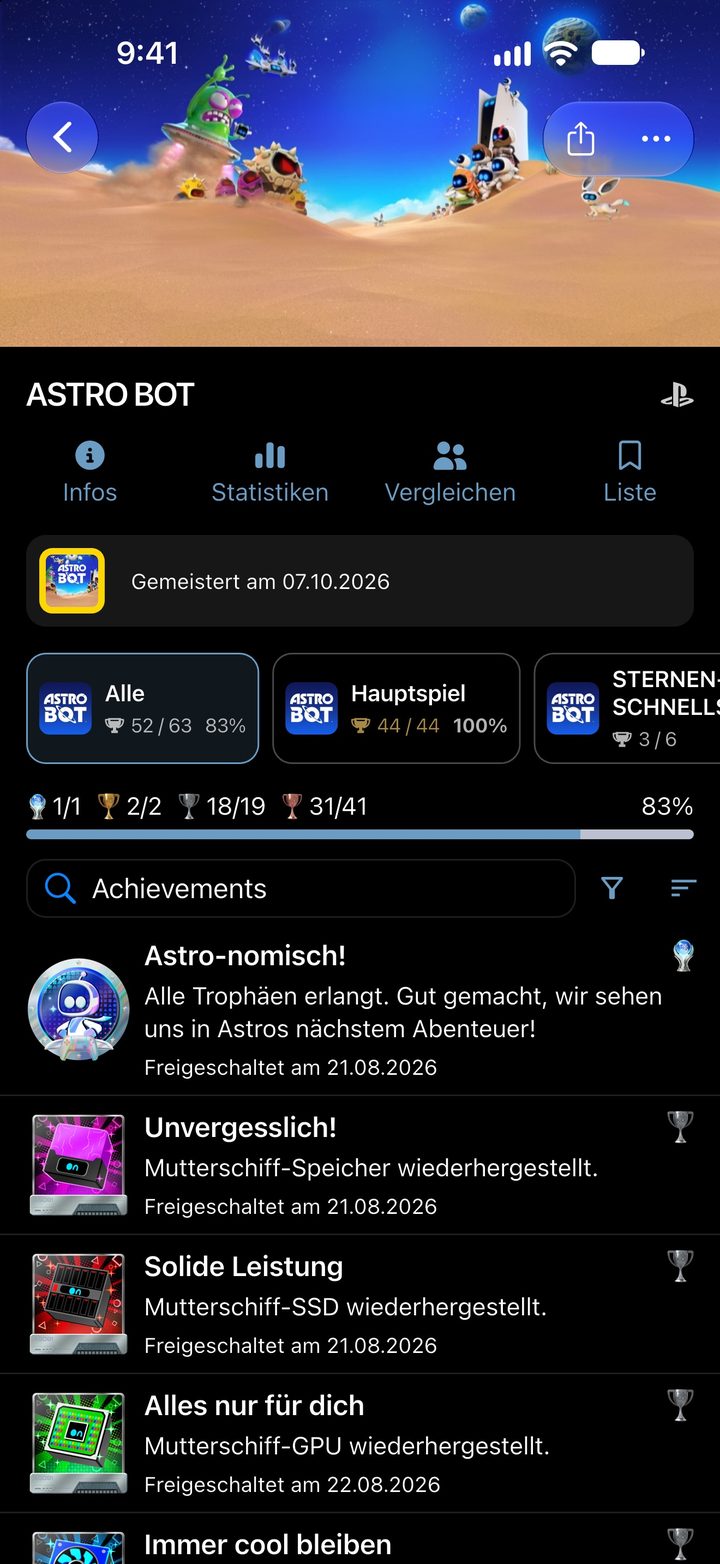 Astro Bot mit den Trophäengruppen Alle, Hauptspiel und Sternen-Schnellstraße und der Trophäenliste