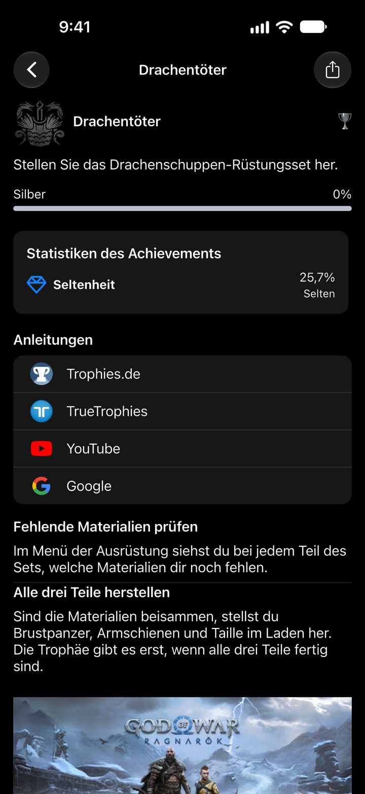 Trophäe Drachentöter aus God of War Ragnarök mit Seltenheit und zwei offiziellen Tipps