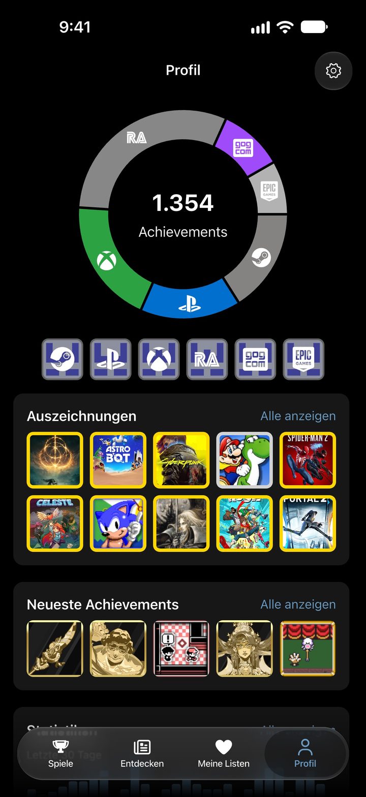 Profilansicht mit der Gesamtzahl aller Achievements über alle verbundenen Plattformen hinweg