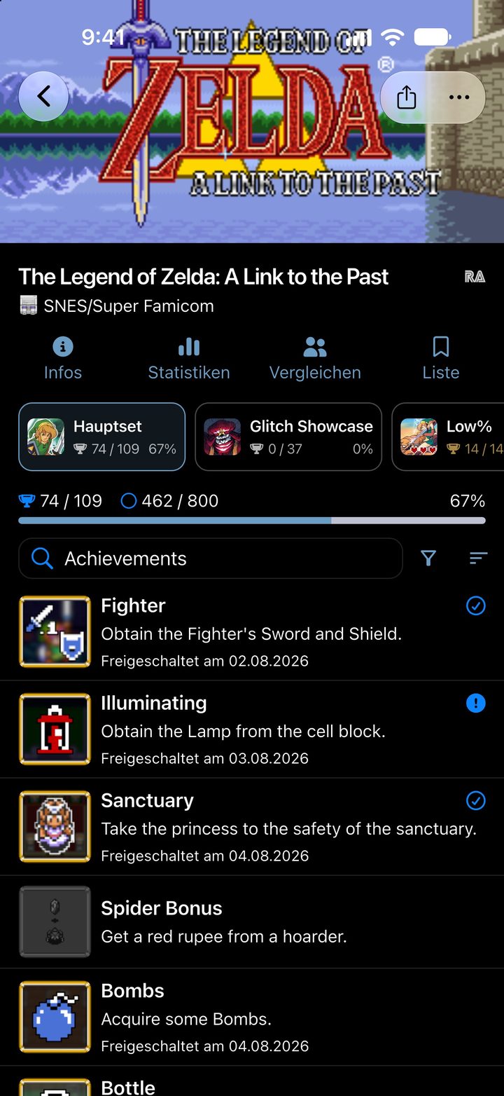 RetroAchievements-Spiel The Legend of Zelda: A Link to the Past mit Hauptset, Subsets und Fortschritt in Hardcore und Softcore