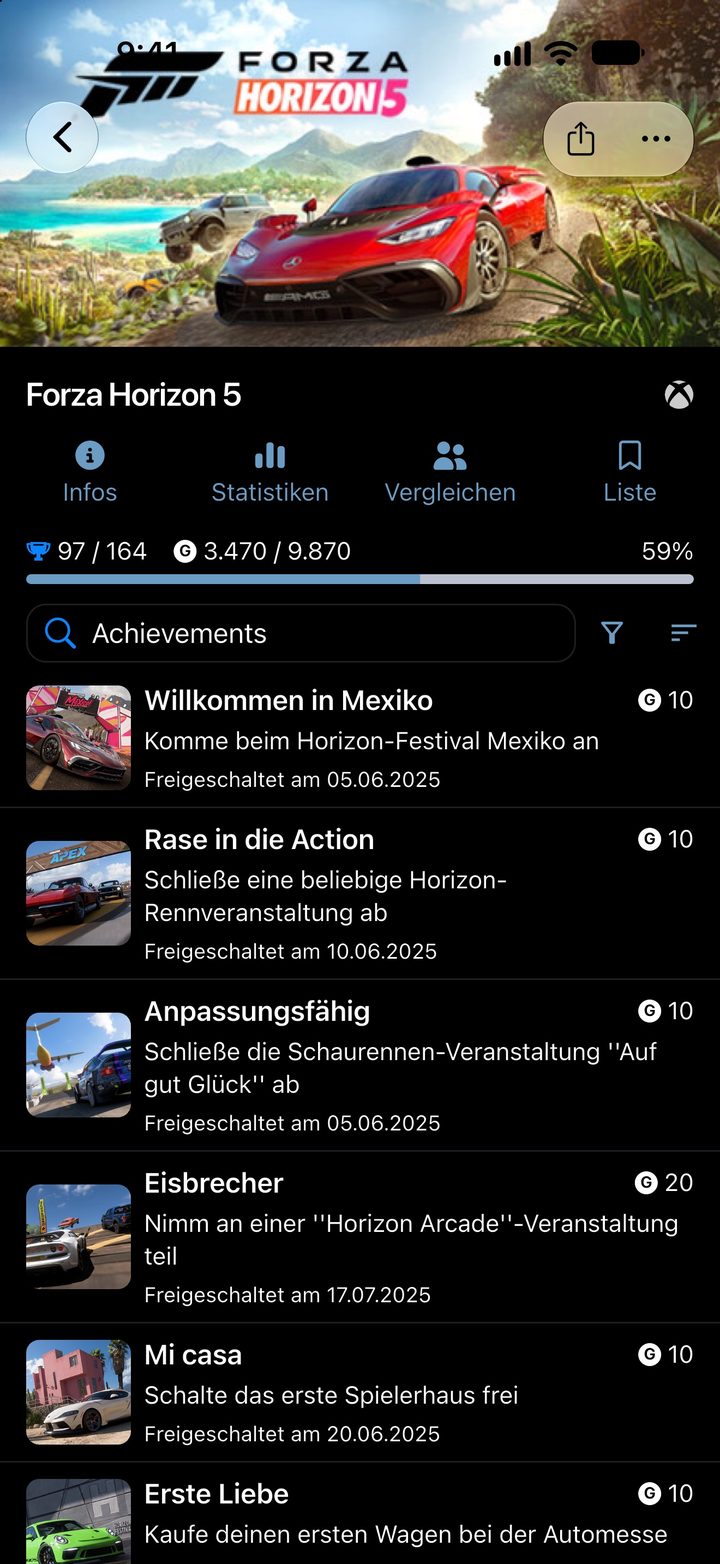 Spielseite zu Forza Horizon 5 mit Gamerscore und der Liste der Erfolge