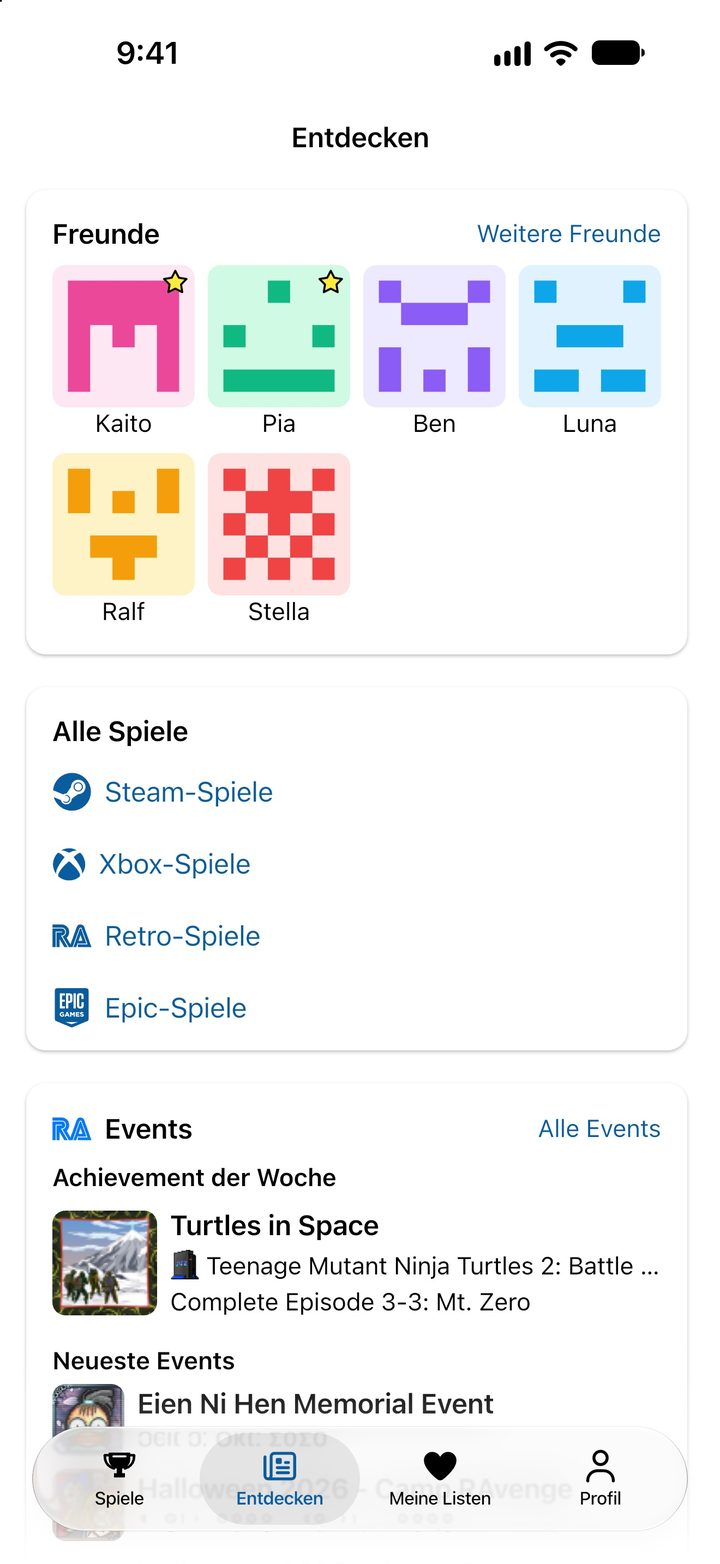 Seite Entdecken mit Freunden, den Spielekatalogen und den Events von RetroAchievements