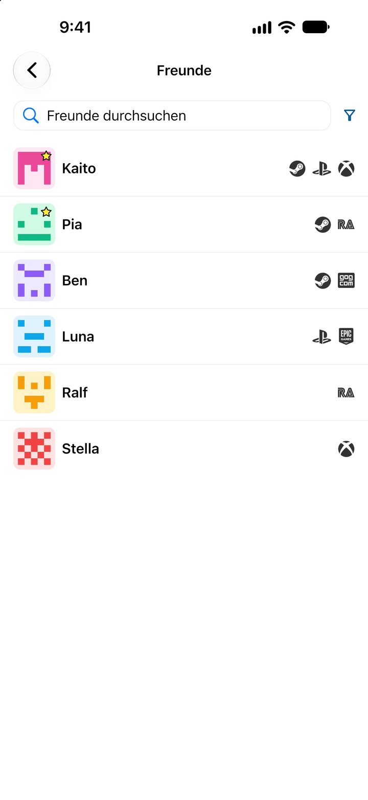 Freundesliste mit den Plattformen, auf denen die Freunde spielen