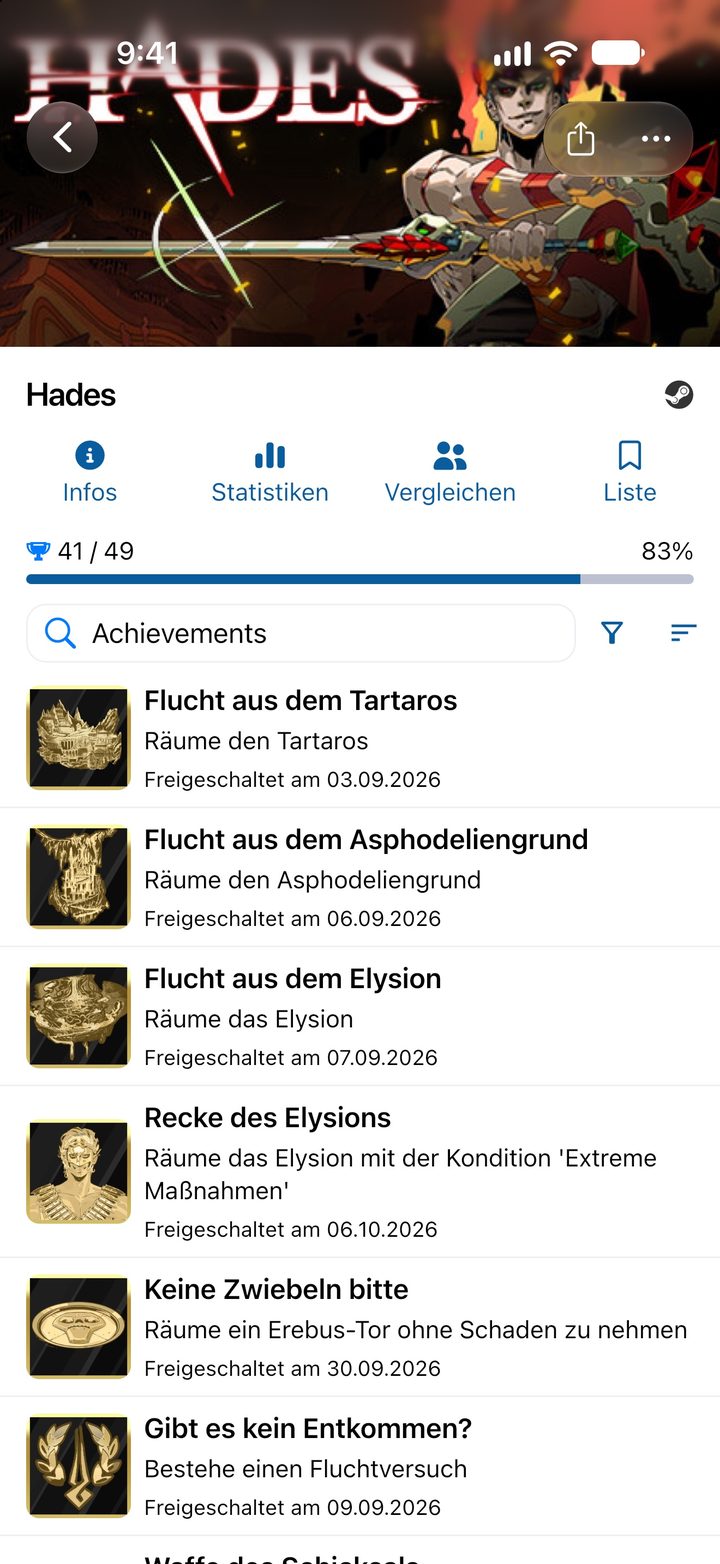 Spielseite zu Hades mit Fortschritt, den Reitern Infos, Statistiken und Vergleichen und der Liste der Achievements