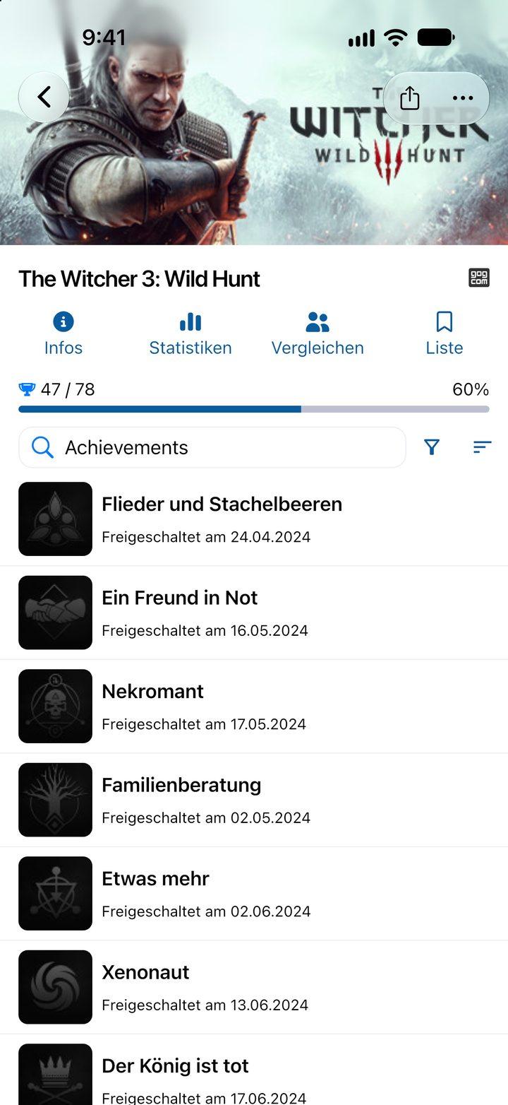 Spielseite zu The Witcher 3: Wild Hunt von GOG mit Fortschritt und der Liste der Achievements