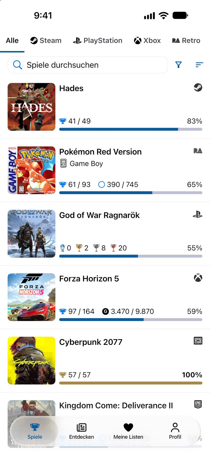 Spielesammlung mit dem Achievement-Fortschritt für jedes Spiel