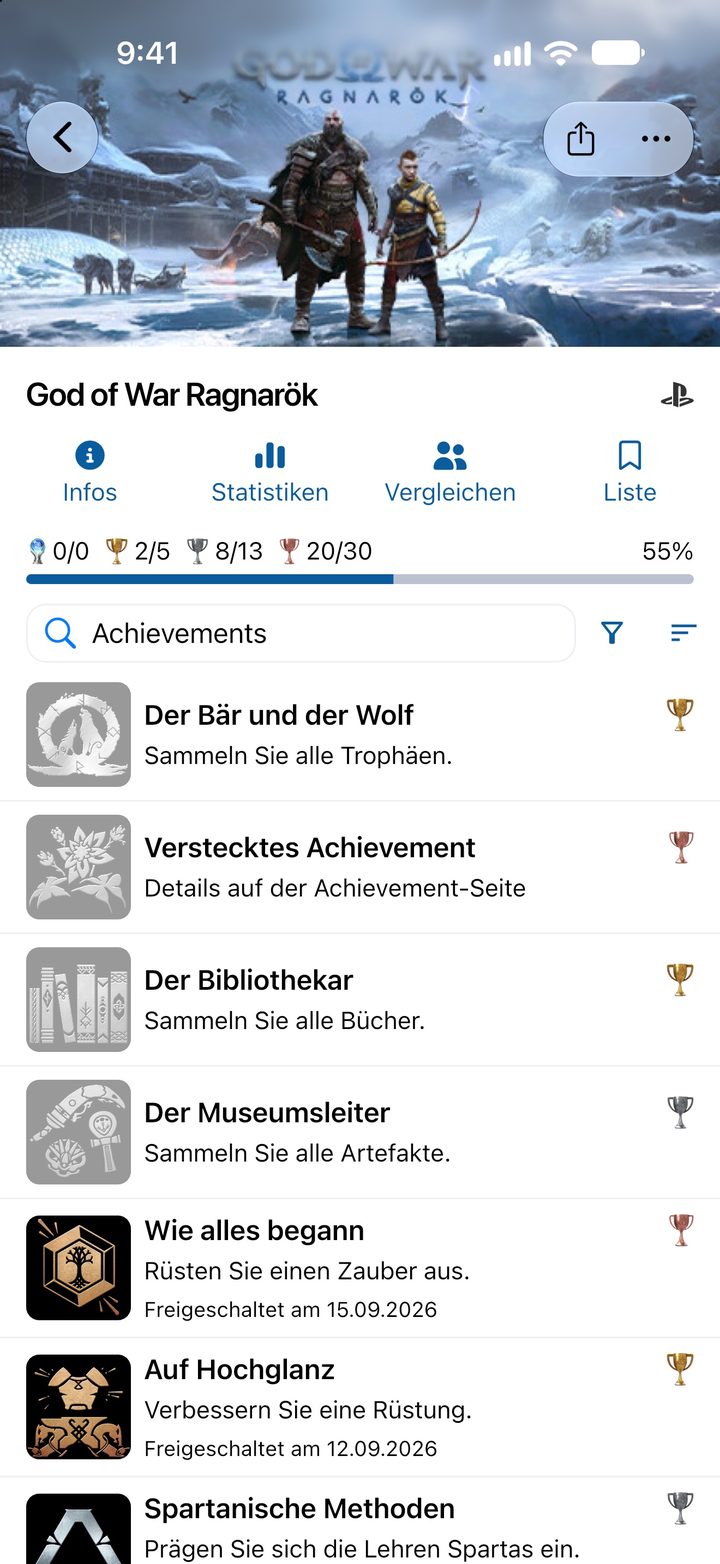 Spielseite zu God of War Ragnarök mit Platin-, Gold-, Silber- und Bronze-Trophäen