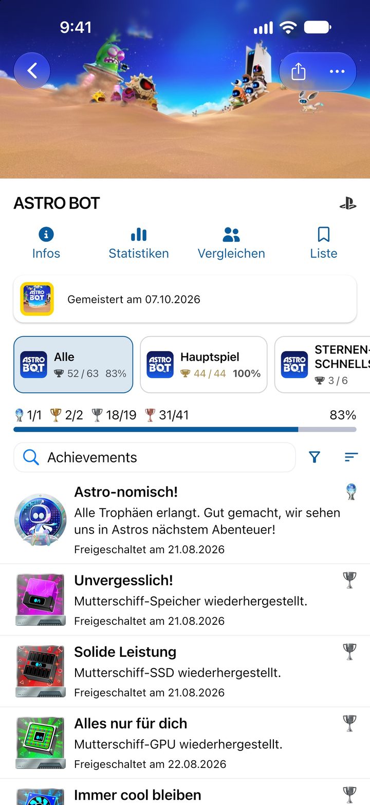Astro Bot mit den Trophäengruppen Alle, Hauptspiel und Sternen-Schnellstraße und der Trophäenliste