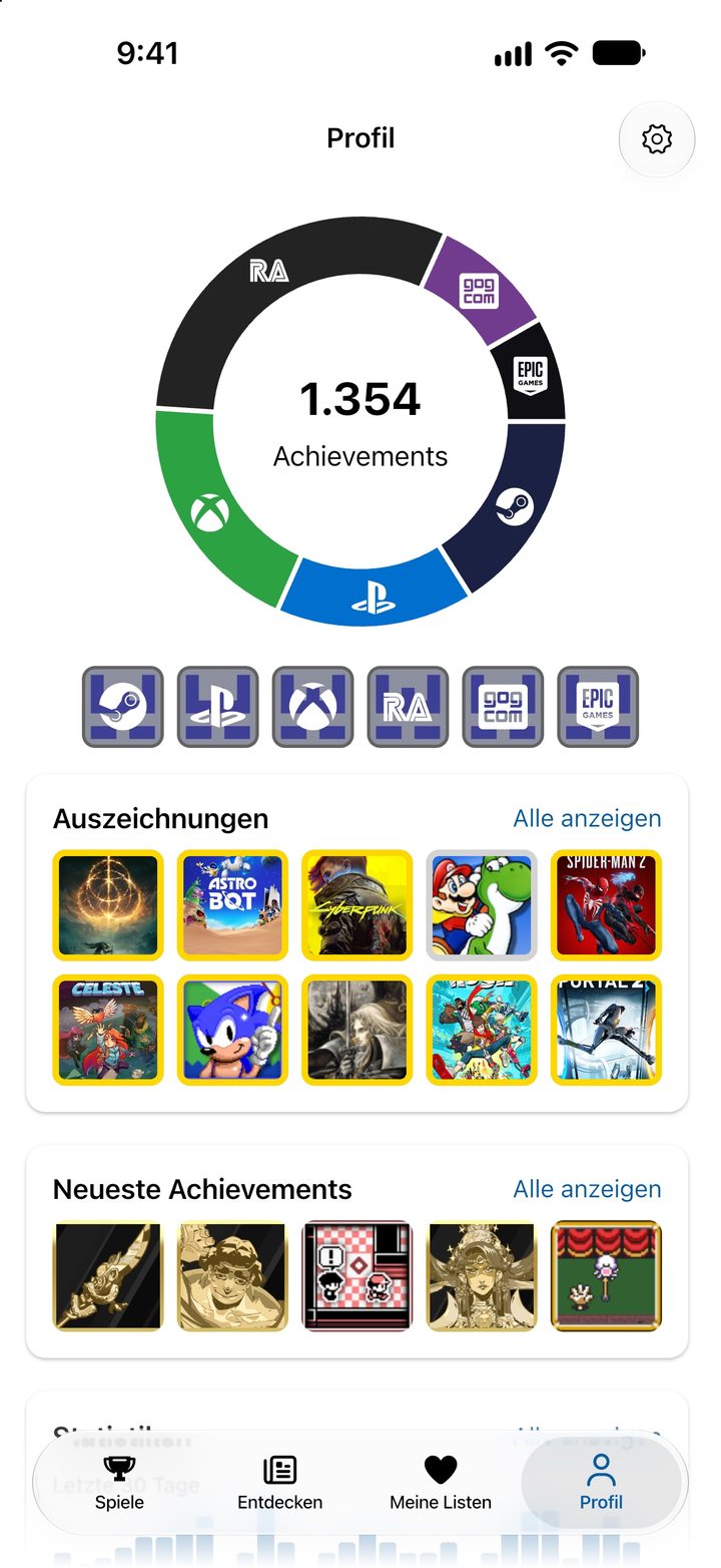 Profilansicht mit der Gesamtzahl aller Achievements über alle verbundenen Plattformen hinweg