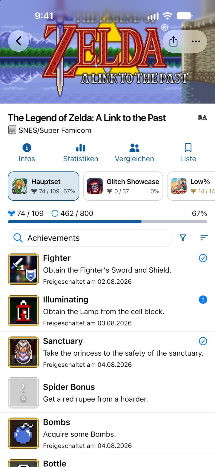 RetroAchievements-Spiel The Legend of Zelda: A Link to the Past mit Hauptset, Subsets und Fortschritt in Hardcore und Softcore