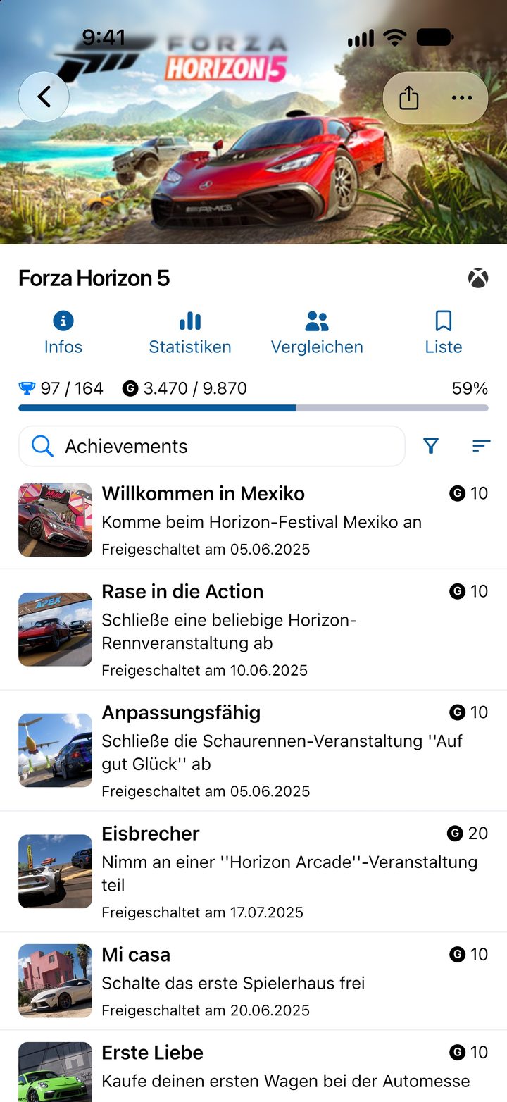 Spielseite zu Forza Horizon 5 mit Gamerscore und der Liste der Erfolge